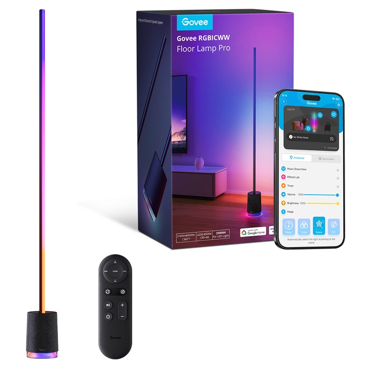 Lampadar LED RGBICWW Govee H6079312, 2100 lm, 6500 K, Wi-Fi 2.4GHz, Bluetooth, aplicatie Govee Home