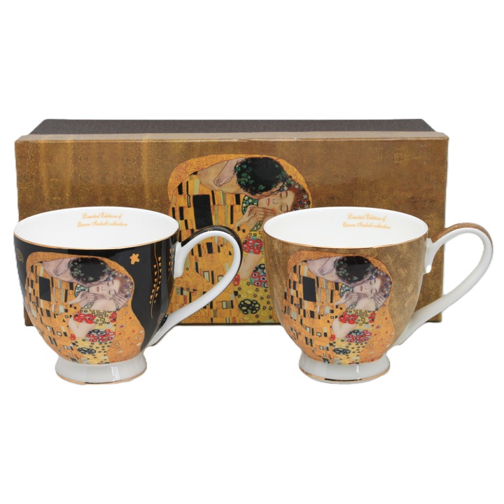 Комплект 2 порцеланови чаши, 500 мл, „Целувката“ на Климт, черно-златисто с полихромни детайли, подаръчна кутия – подарък за двойки и колекционери