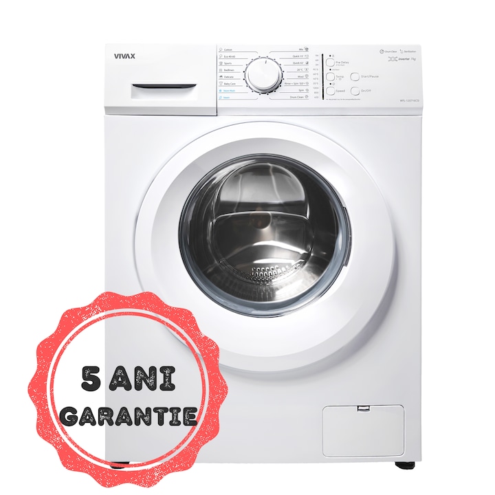 Пералня с предно зареждане VIVAX WFL-120716CSI, бяла, 7 кг, 1200 об/мин, клас А, инверторен мотор BLDC, функция пара, бял бутон