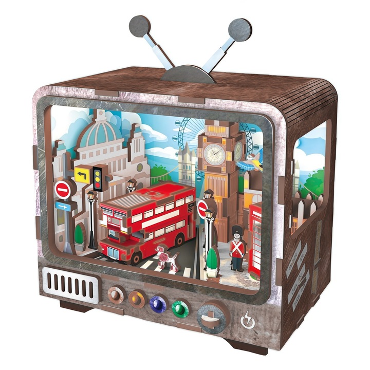 Puzzle 3D TV din Lemn, Omelivon® Kit Creative DIY cu Model in Miniatura si Lumini LED, Decor pentru Birou - Cadou Unic pentru Copii - 99 piese - „Peisaj Urban Londonez” Maro cenusiu