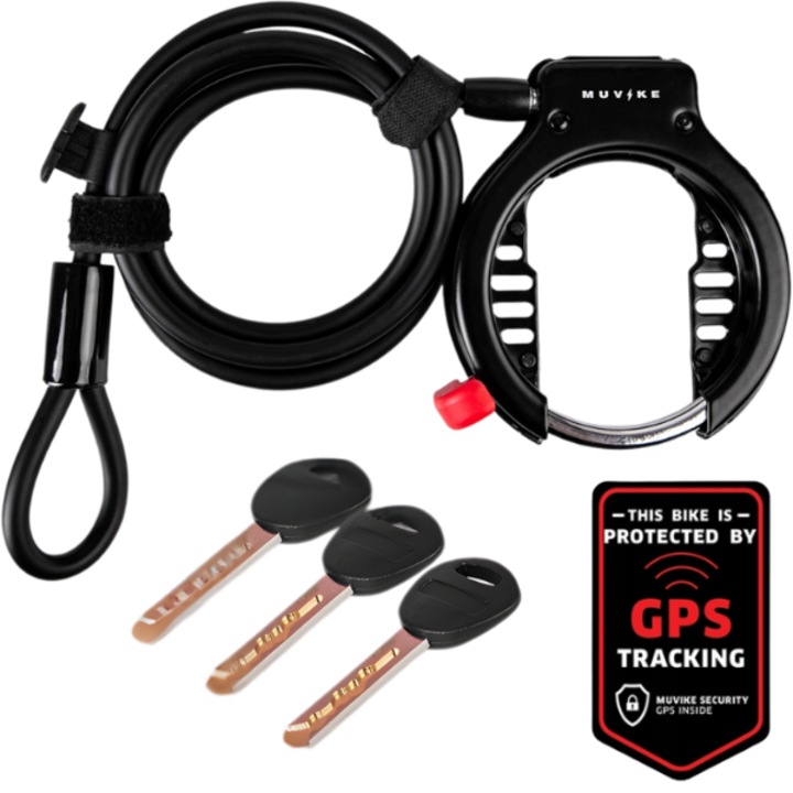 Blocator bicicleta, MUVIKE, tip potcoava, pentru roata spate, cu cablu 150 cm