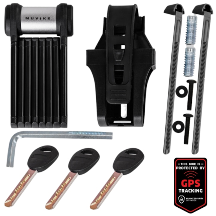 Antifurt pliabil pentru bicicleta, Muvike Fold Mini 650/7K, cu cheie, suport si benzi