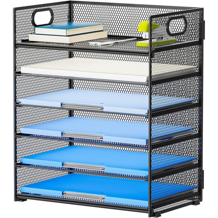 Organizator De Hartie Cu 6 Niveluri, Organizator De Dosare Pentru Birou, Organizator De Dosare Metalice Cu Plasa Si Maner, Organizator De Sortare A Hartiei Pentru Suport De Dosare De Birou Letter/A4 (Negru)