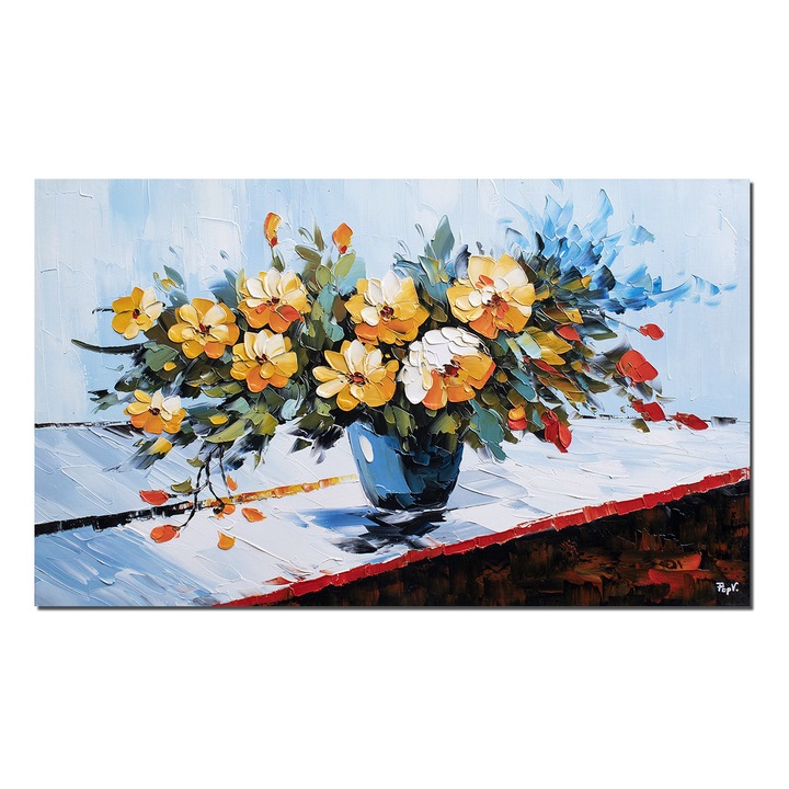 Tablou Vaza cu flori pictat manual living, dormitor, 100x60cm ulei pe panza efect 3D, Valentin Pop