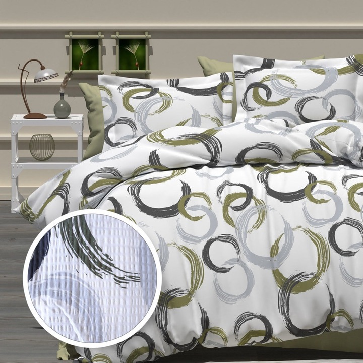 Lenjerie de pat creponată Ralex Pucioasa, 100% bumbac, 1 cearșaf cu elastic 140x200cm, 1 cearșaf de pilotă 200x220cm, 2 fețe de pernă 50x70cm, multicolor