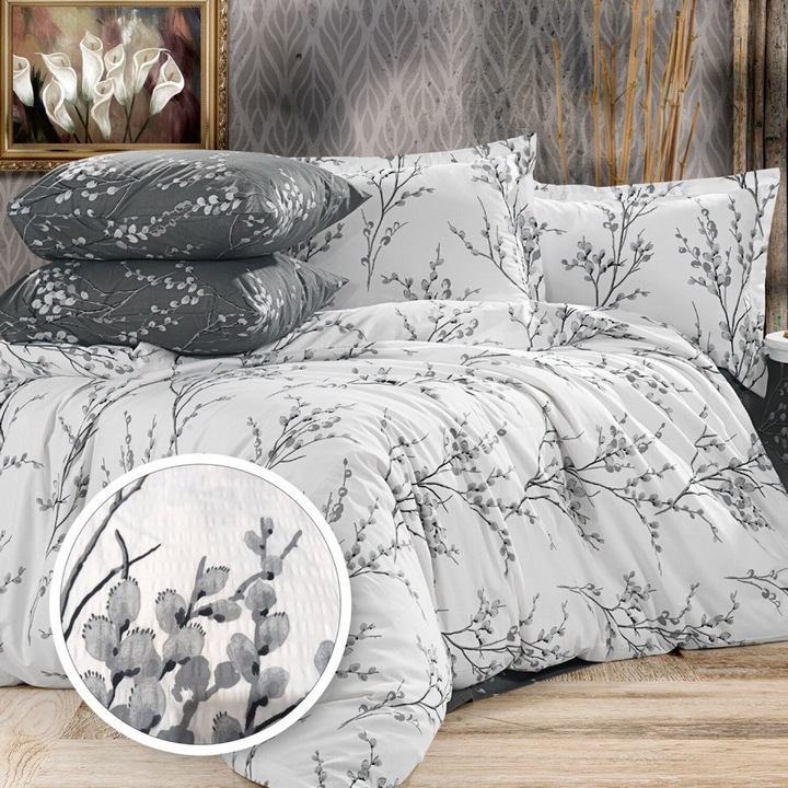 Lenjerie de pat creponata Ralex Pucioasa, 100% bumbac, alb, set 1 buc, 140x200cm, 160x200cm, 180x200cm