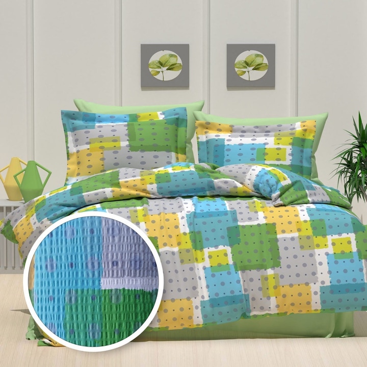 Lenjerie de pat creponata Ralex Pucioasa, 100% bumbac, multicolor, set 1 cearsaf cu elastic 140x200cm, 1 cearsaf de pilota 200x220cm, 2 fete de perna 50x70cm