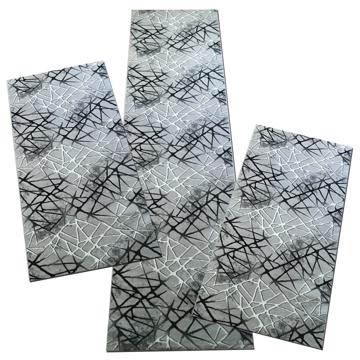 Set 3 Covoare Antiderapante, Poliester, Gri/Negru, 80 x 150 / 80 x 150 / 80 x 300 cm