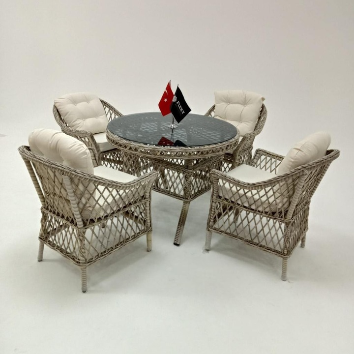 Set mobilier de gradina - terasa, cu 4 fotolii si masa cu geam, maro