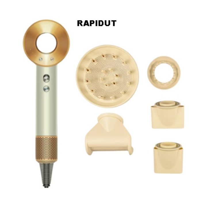 Hajszárító, RAPIDUT, LED kijelzők, Anti Frizz, Kefe nélküli motor, Negatív ionok, 4 hőmérsékletfokozat, 3 sebességfokozat, 1600 W, Levehető szűrő, 110000 RPM, 5 hajformázó tartozék, Kerámia arany