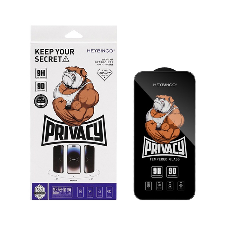 Folie Sticla Privacy Pentru Apple iPhone 14 PRO HEYBINGO, din Sticla Securizata Duritate 9H