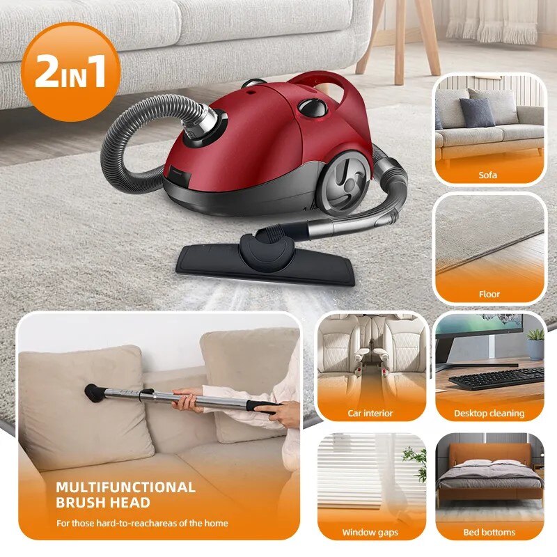 Aspirator cu sac, 500W, 2.0L, usor de manevrat, rosu