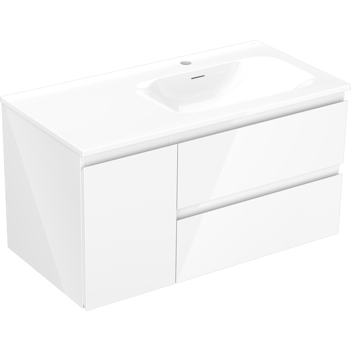 Dulap baie suspendat Mexen Orio 90x47x46,5cm, 2 sertare, 1 usa, alb lucios, cu lavoar Vela dreapta