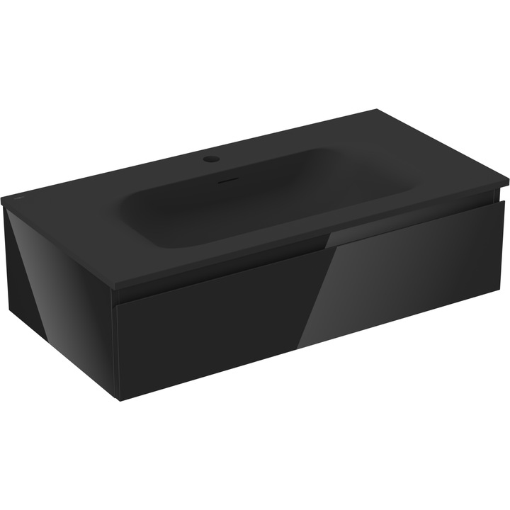 Dulap baie Mexen Orio 90 cm cu lavoar Vela, 1 sertar, negru lucios/negru mat, 90x23,5x46,5cm
