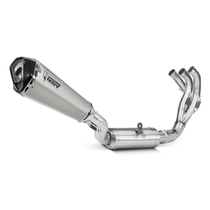 MIVV Delta Race teljes kipufogórendszer rozsdamentes acélból Yamaha Tracer 9/GT/GT+ modellekhez, kúpos-hatszögletű forma, 3K karbon végződés, Euro 5 jóváhagyással
