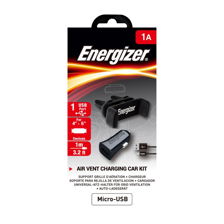Комплект Универсална стойка и Зарядно устройство за кола ENERGIZER, Micro USB, 1A