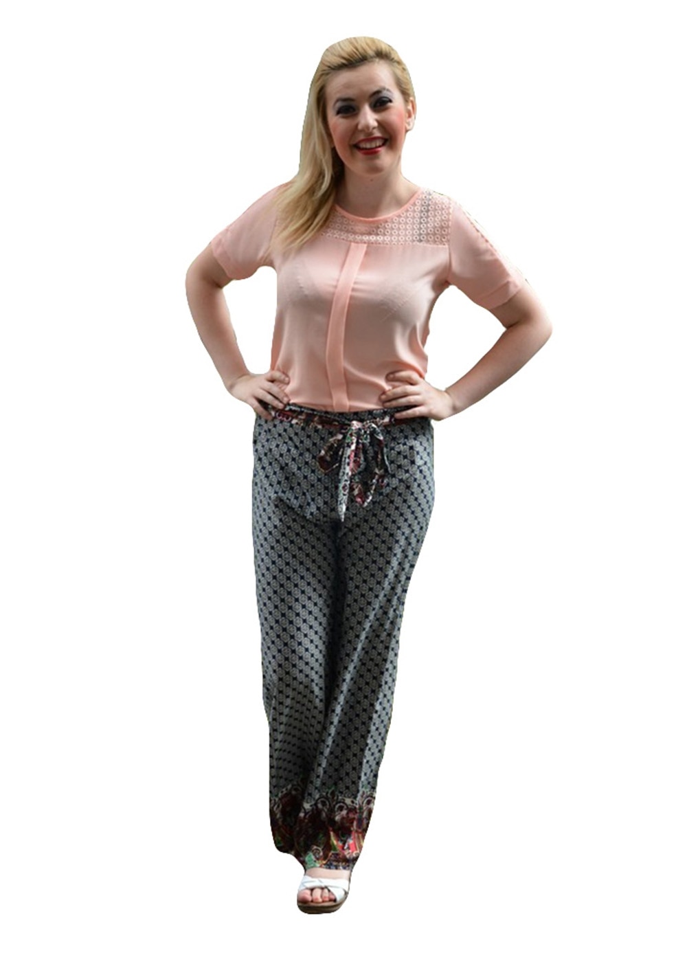 Pantaloni salvar de vara, cu imprimeu mare, D&J Exclusive, Gri-Visiniu