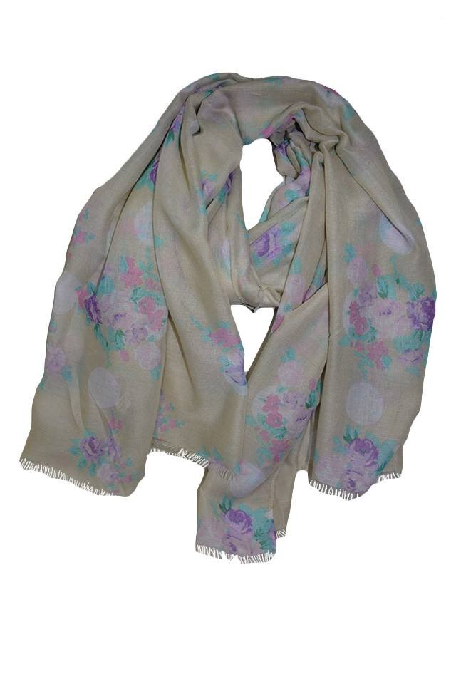 Esarfa mare cu imprimeu floral si buline,D&J Exclusive,Bej