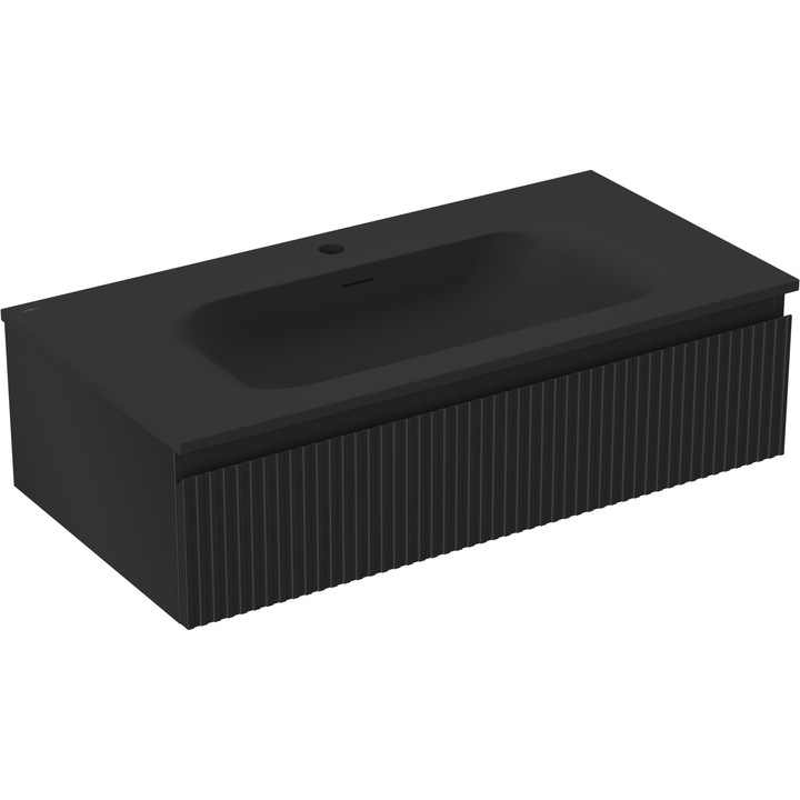 Dulap baie suspendat Mexen Rivel 90 cm cu lavoar Vela, 1 sertar, negru mat, 90x23.5x46.5cm