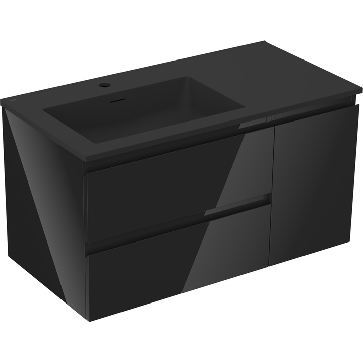 Dulap de baie Mexen Orio 90 cm cu chiuveta Otis stanga, 2S, 1D, negru lucios/negru mat - 91A13-09047-3-BBFFF70-W18L71