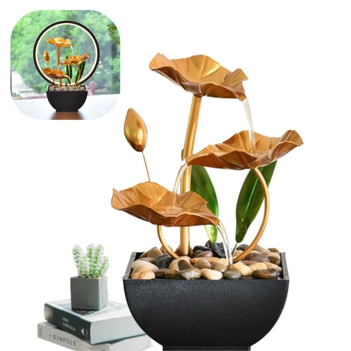 Beltéri szökőkút LED-világítással és arany levelekkel – Zen, pihentető design, természetes kövekkel, USB-s működéssel, 23x15x13 cm – Antistressz dekoratív szökőkút otthonra és irodába