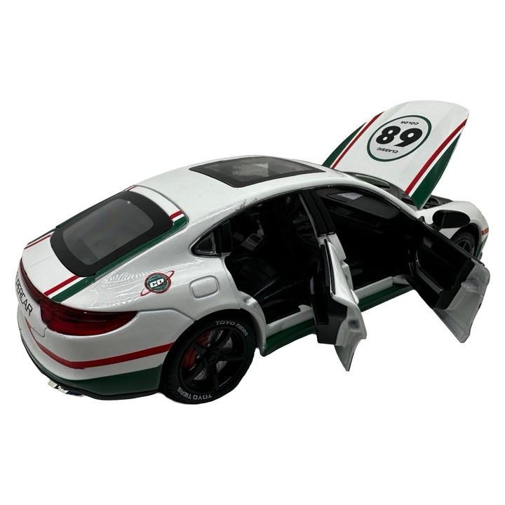 Macheta Auto Porsche Panamera Racing fehér füsttel 1:24 fém fények és hangok nyitott ajtók motorháztető csomagtartó