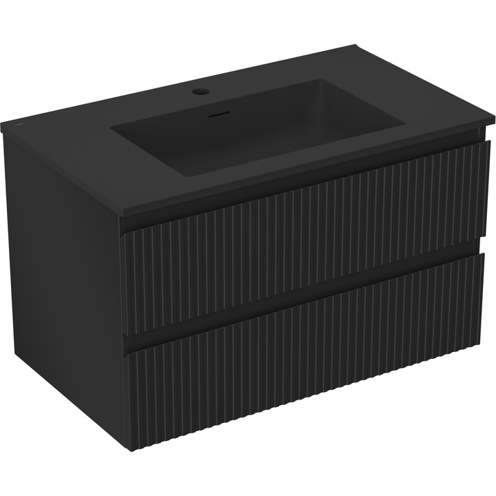 Dulap baie Mexen Rivel 80 cm cu lavoar Otis, 2 sertare, canelat, negru mat - 91A20-08047-2-BFF71-W18M71
