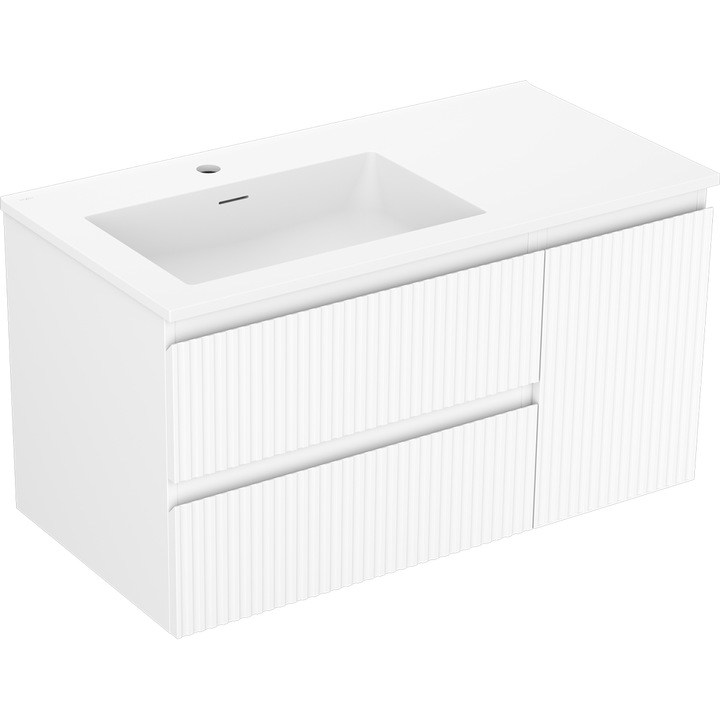 Mexen Rivel dulap de baie 90 cm cu lavoar Otis stanga, 2S, 1D, canelat, alb mat - 91A23-09047-3-BBFFF01-W18L01