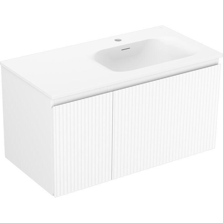 Dulap baie Mexen Rivel 90 cm cu lavoar Vela pe dreapta, 1S, 1D, canelat, alb mat - 91A23-09047-3-BBFF01-W23P01