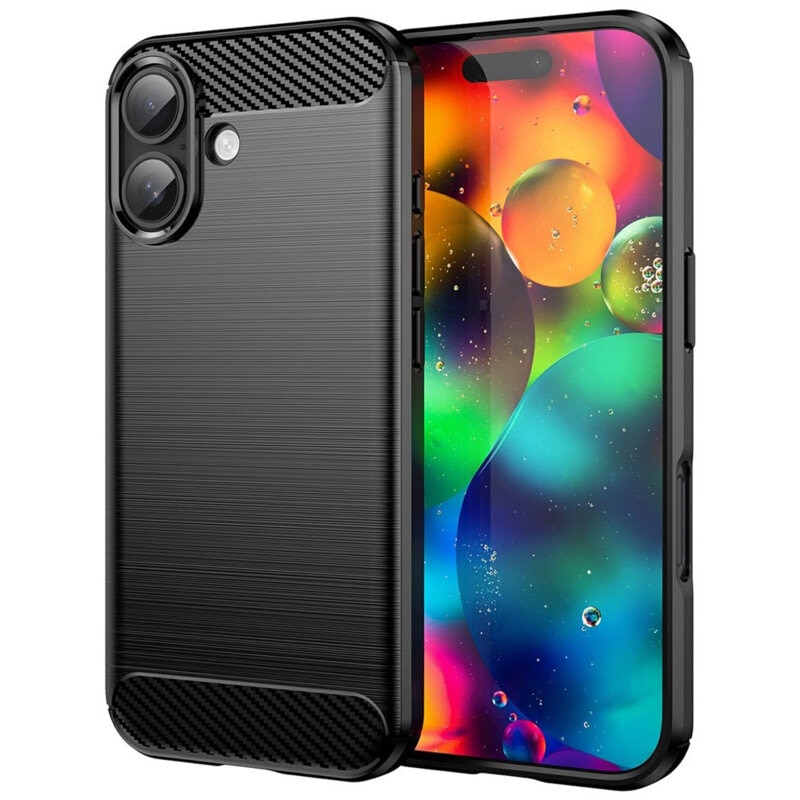 Husa protectie Mat-Tech compatibila cu iPhone 17, Textura Carbon, Finisaj Mat, Anti-Shock, Rezistenta la impact, Negru