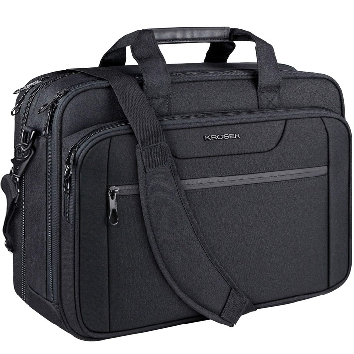 Geantă laptop KROSER, 18", impermeabilă, tip messenger, negru