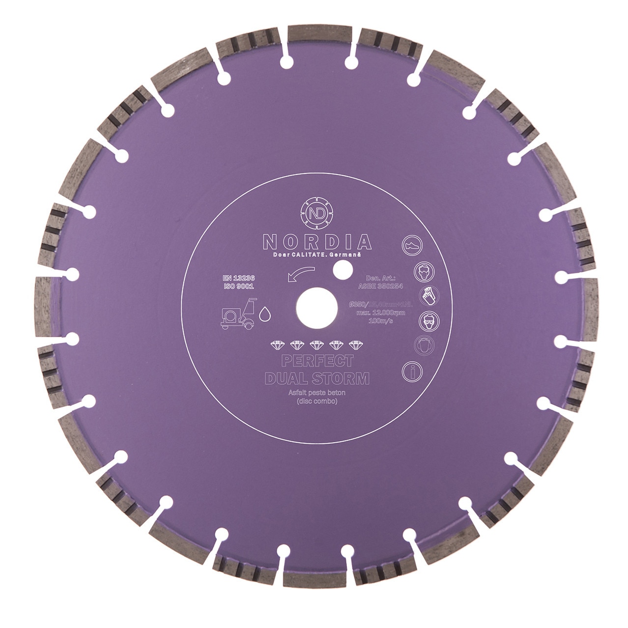 Disc diamantat NORDIA Perfect Dual-Storm, 300 x 25.40 x 3.2 x 10 mm, 21 segmenti disc combo, pentru masina de taiat cu apa, potrivit pentru asfalt peste beton