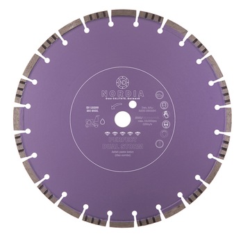 Disc diamantat NORDIA Perfect Dual-Storm, 400 x 25.40 x 3.2 x 10 mm, 28 segmenti disc combo, pentru masina de taiat cu apa, potrivit pentru asfalt peste beton Disc diamantat NORDIA Perfect Dual-Storm, 400 x 25.40 x 3.2 x 10 mm, 28 segmenti disc combo, pentru masina de taiat cu apa, potrivit pentru asfalt peste beton