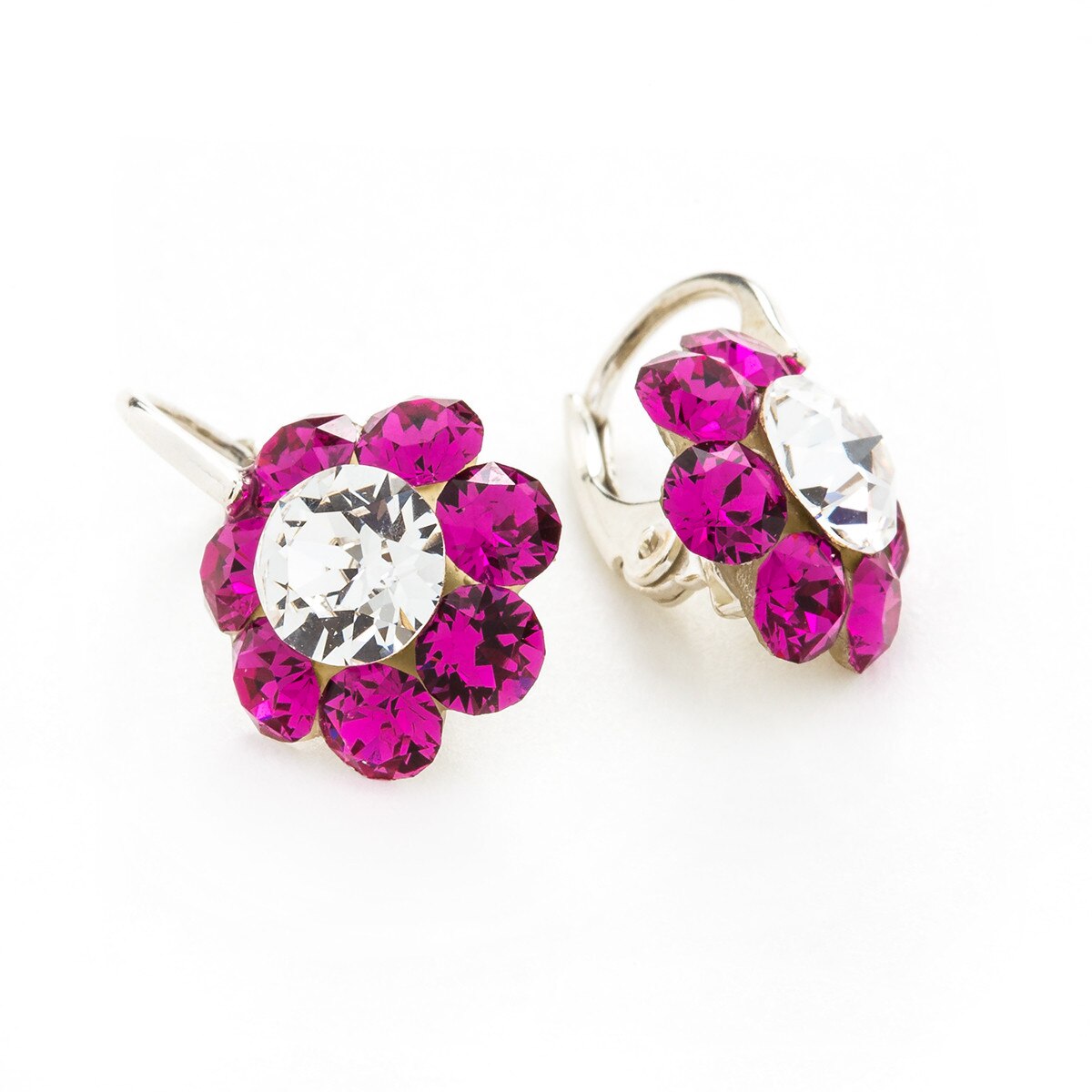 Cercei Argint DaviCrystals cu cristale floare m cu leverback mic fuchsia