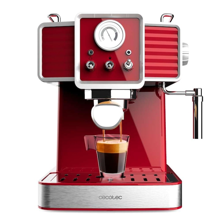 Aparat de cafea express Cecotec Power Espresso 20 Tradizionale Light Red, 1350 W, espresso si cappuccino, 20 bar si termobloc, duza de abur, manometru, design vintage, capacitate 1, 5 litri