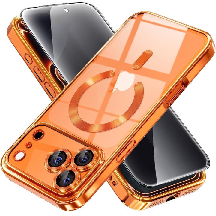 Pachet Husa plus Folie Privacy pentru iPhone 17 Pro Max DaDen MagSafe Luxury, Antisoc, Protectie Camera, Margini Metalizate, Transparenta cu Margini Portocalii