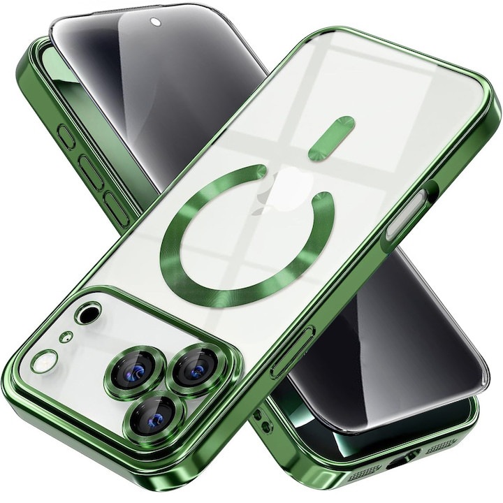 Pachet Husa plus Folie Privacy pentru iPhone 17 Pro DaDen MagSafe Luxury, Antisoc, Protectie Camera, Margini Metalizate, Transparenta cu Margini Verzi