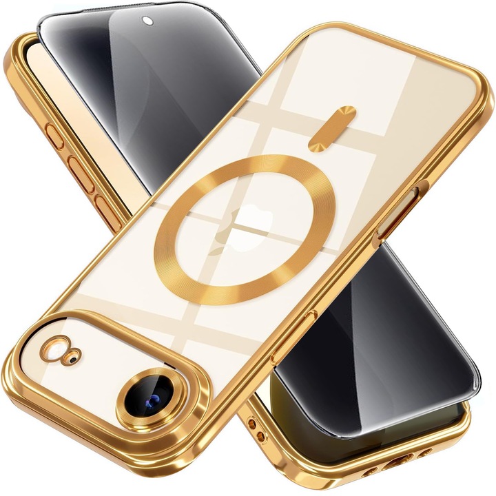 Husa csomag plusz adatvédelmi fólia iPhone 17 Air DaDen MagSafe Luxury-hoz, Ütésálló, Kamera védelem, Fémhatású élek, Átlátszó arany élekkel