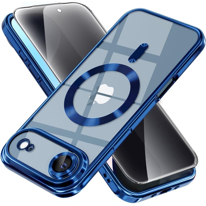 Husa plus Folie Privacy csomag iPhone 17 Air DaDen MagSafe Luxury-hoz, Ütésálló, Kameravédelem, Fémhatású élek, Átlátszó kék élekkel