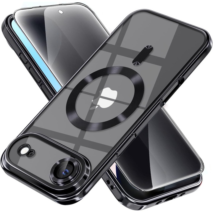 Husa plus Folie Privacy csomag iPhone 17 Air DaDen MagSafe Luxury-hez, Ütésálló, Kamera Védelem, Fémes Szélű, Átlátszó Fekete Széllel