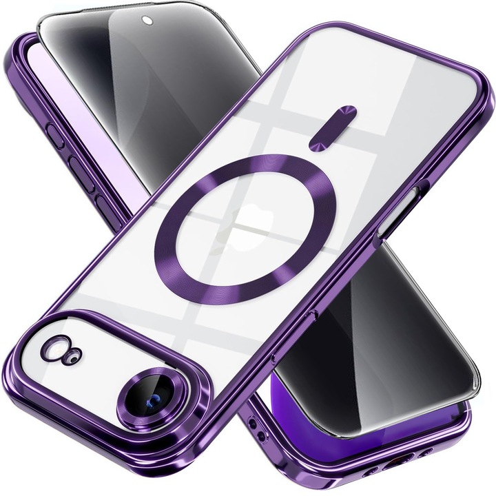 Husa csomag plusz adatvédelmi fólia iPhone 17 Air DaDen MagSafe Luxury-hoz, ütésálló, kameravédelem, fémezett élek, átlátszó lila élekkel