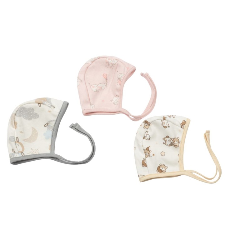 Set 3 caciulite nou-nascut cu snur bumbac 100% 0-2 luni Kidizi Girls