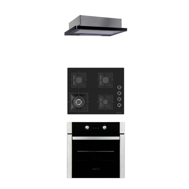 Pachet incorporabil Black Style Studio Casa, Cuptor electric, plita gaz sticla si hota telescopica sticla, Clasa energetica A, Termostat, 65 L, 4 arzatoare gaz, Wok, Gratare fonta, 2 motoare, Negru/Inox