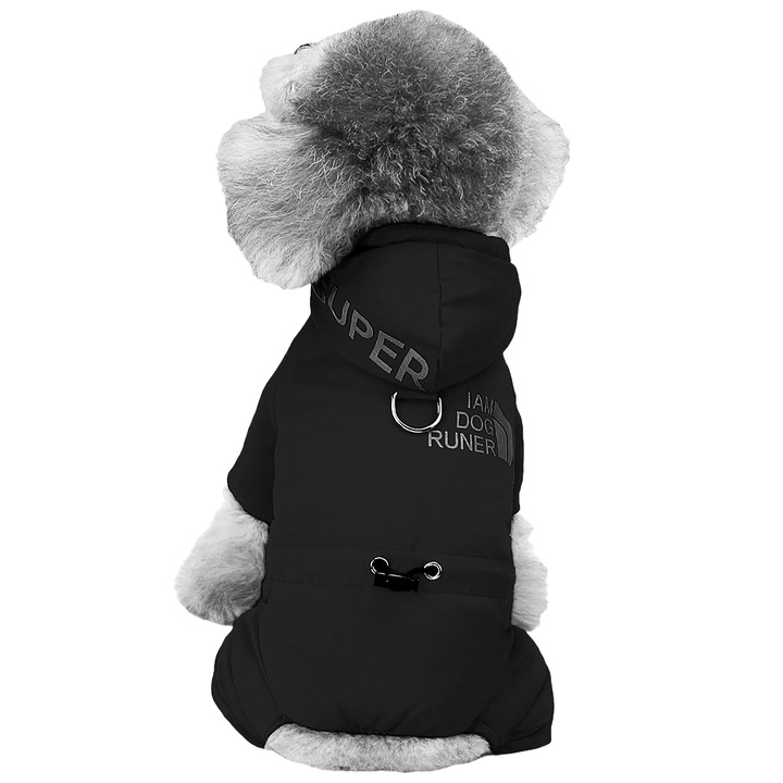 Salopeta flausata si impermeabila de iarna, cu gluga, pentru animale de companie, DOG-12, negru, M