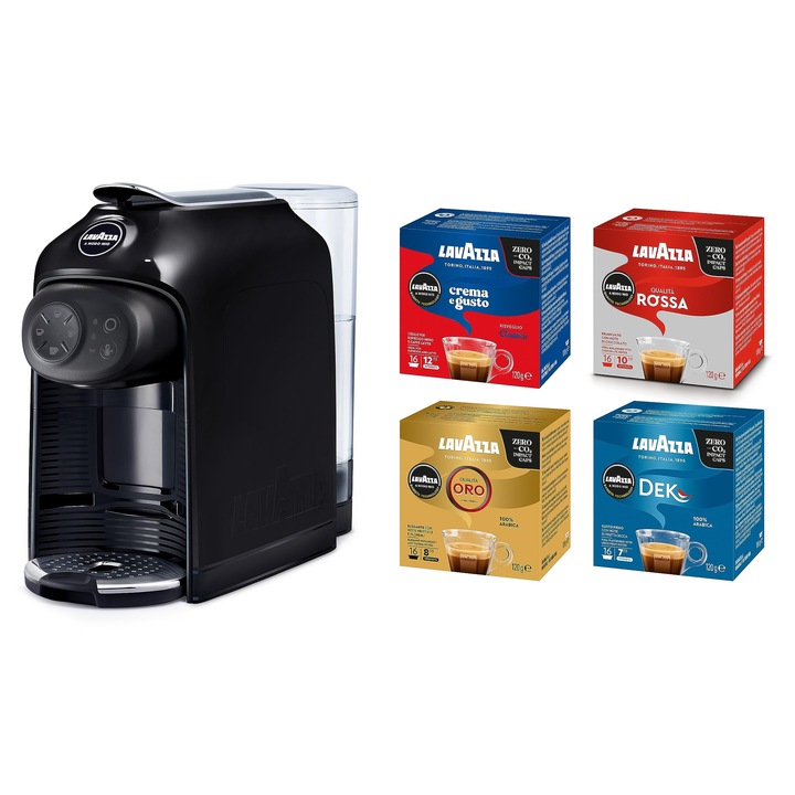 Aparat de cafea Espresso Lavazza A Modo Mio Idola Nera, 1500 W, 1.1 L, cu 64 capsule asortate