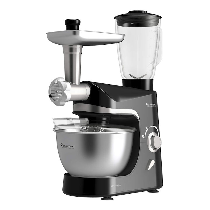 TurboTronic konyhai robotgép, húsdaráló, turmixgép, 3 az 1-ben, 2000 W, 10 sebességfokozat, 5 literes tál, fekete
