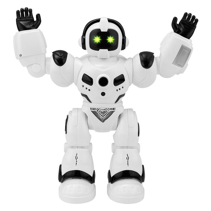 Интерактивен робот със светлина, звуци и движение – Space модел, 20 см, бяло-черен, с подвижна маска и светещи очи, работи с AAA батерии