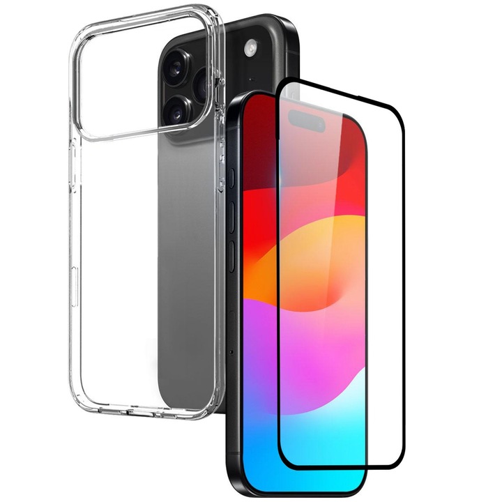 Csomag Tok és Teljes képernyős fólia iPhone 17 Pro DaDen, prémium átlátszó szilikon, ultra vékony, rugalmas, átlátszó