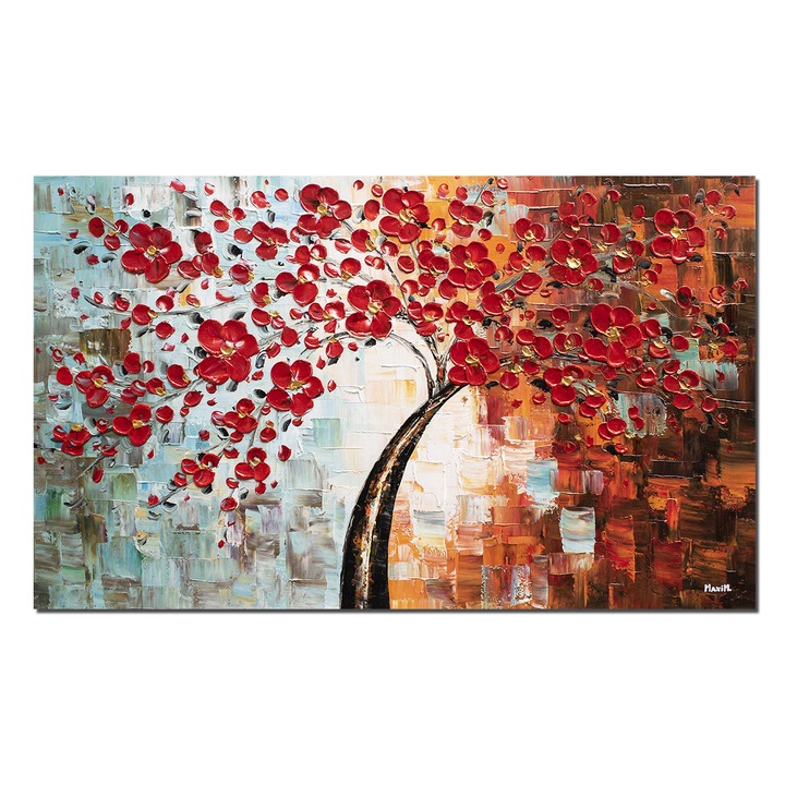 Tablou 3D Copacul vietii cu flori rosii, pictat manual living, dormitor, 100x60cm ulei pe panza, Marius Maxim