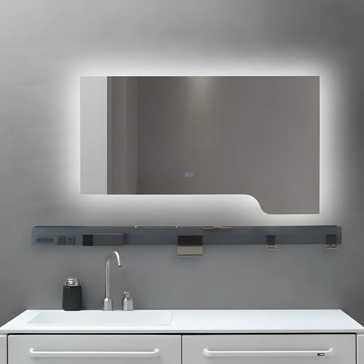 Oglinda baie LED 120x70 cm cu raft multifunctional, 3 nuante de lumina, dezaburire si touch control J-3050